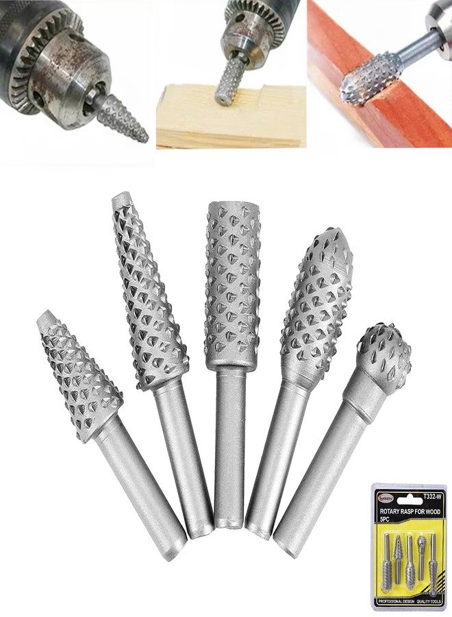 Sunkizzrs® 5-Pcs HSS Wood File Burr Drill Bit Set -Wood Working Rasps 6.35mm (1/4") Round Shank -High Speed Steel Rotary Files Rasps for Carving, Polishing, Shaping & Grooving - Image 1